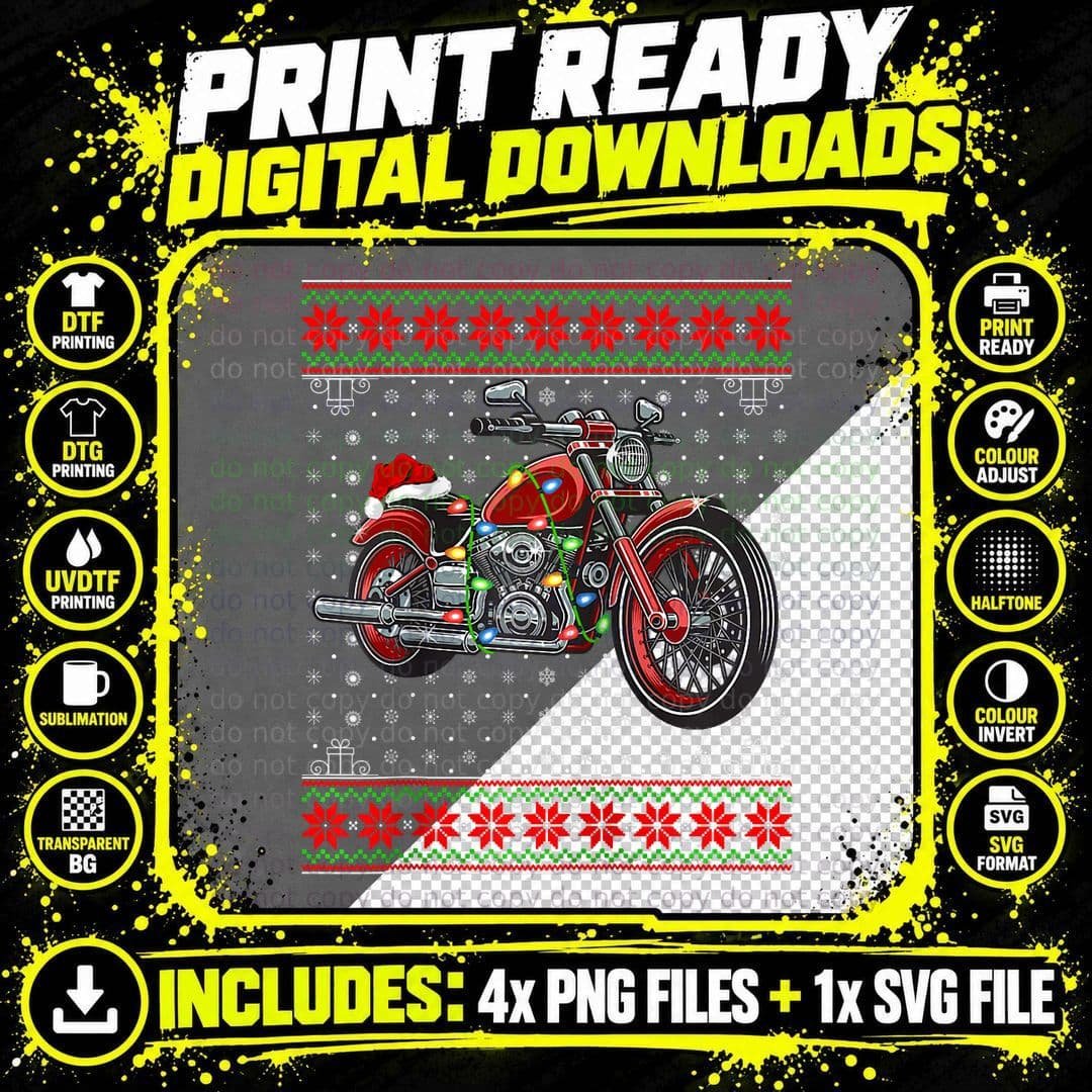 Motorcycle Christmas Lights Ugly Sweater Motorcycle Xmas Png SVG Digital Bundle