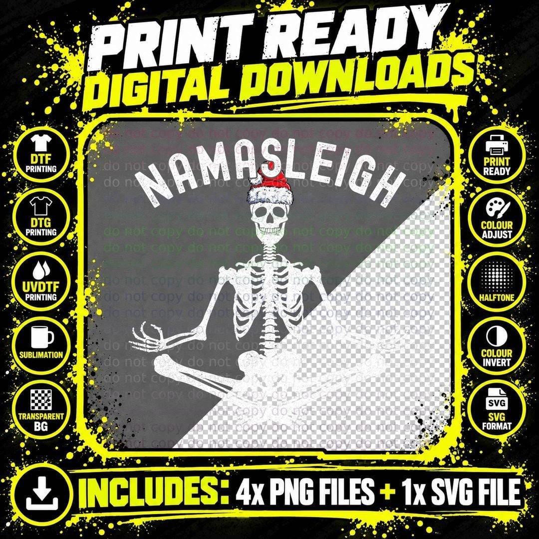 Namasleigh - Funny Christmas Yoga Namaste Skeleton Santa Png SVG Digital Bundle