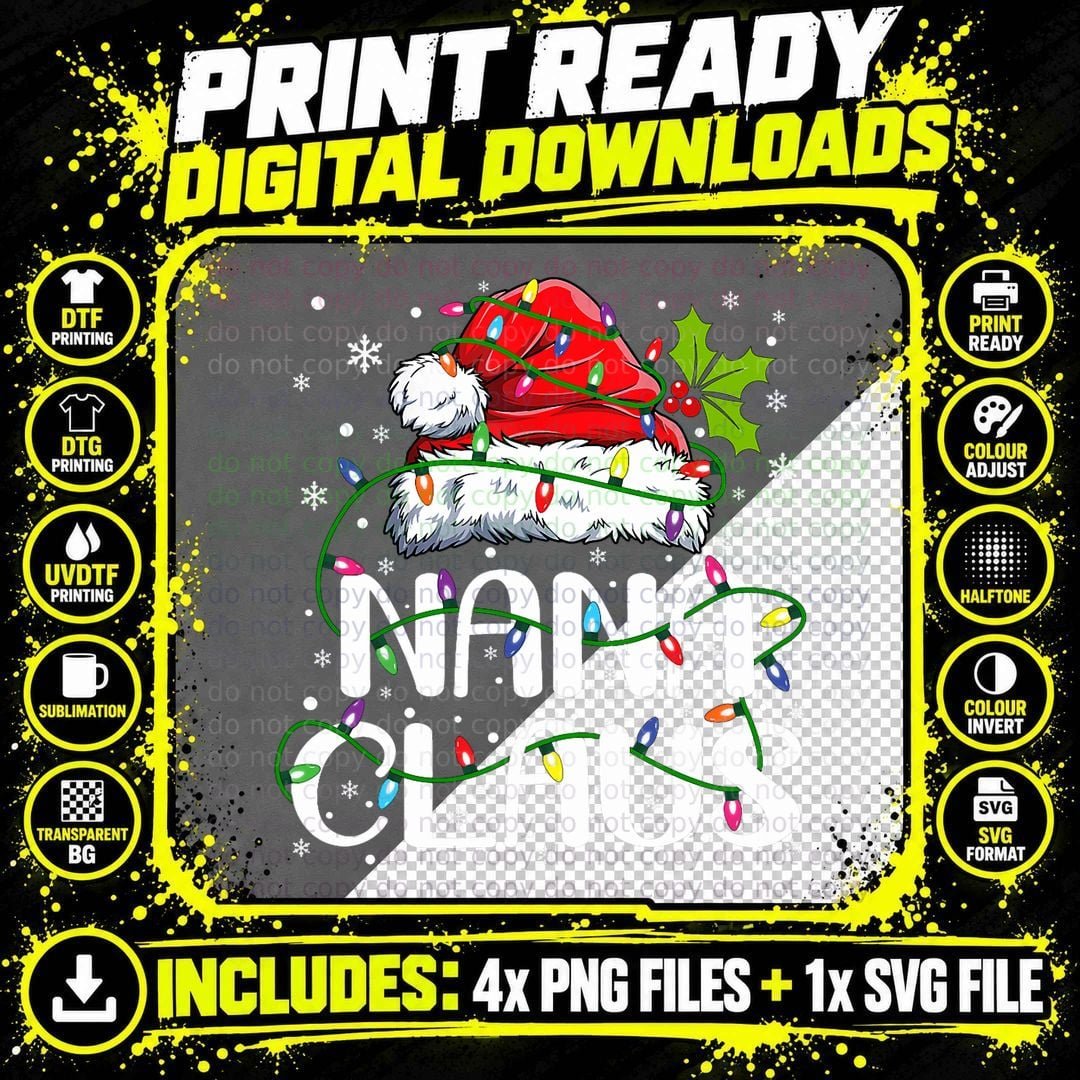 Nana Claus Shirt Christmas Lights Pajama Family Matching Png SVG Digital Bundle
