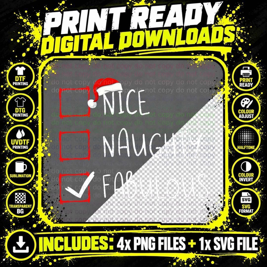 Nice Naughty Fabulous Christmas List Xmas Santa Claus Png SVG Digital Bundle