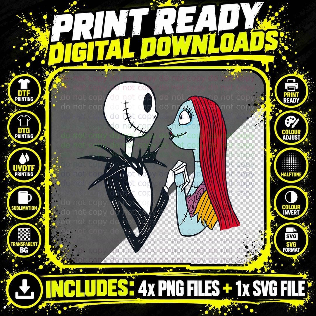 Nightmare Before Christmas Jack and Sally T-Shirt Png SVG Digital Bundle