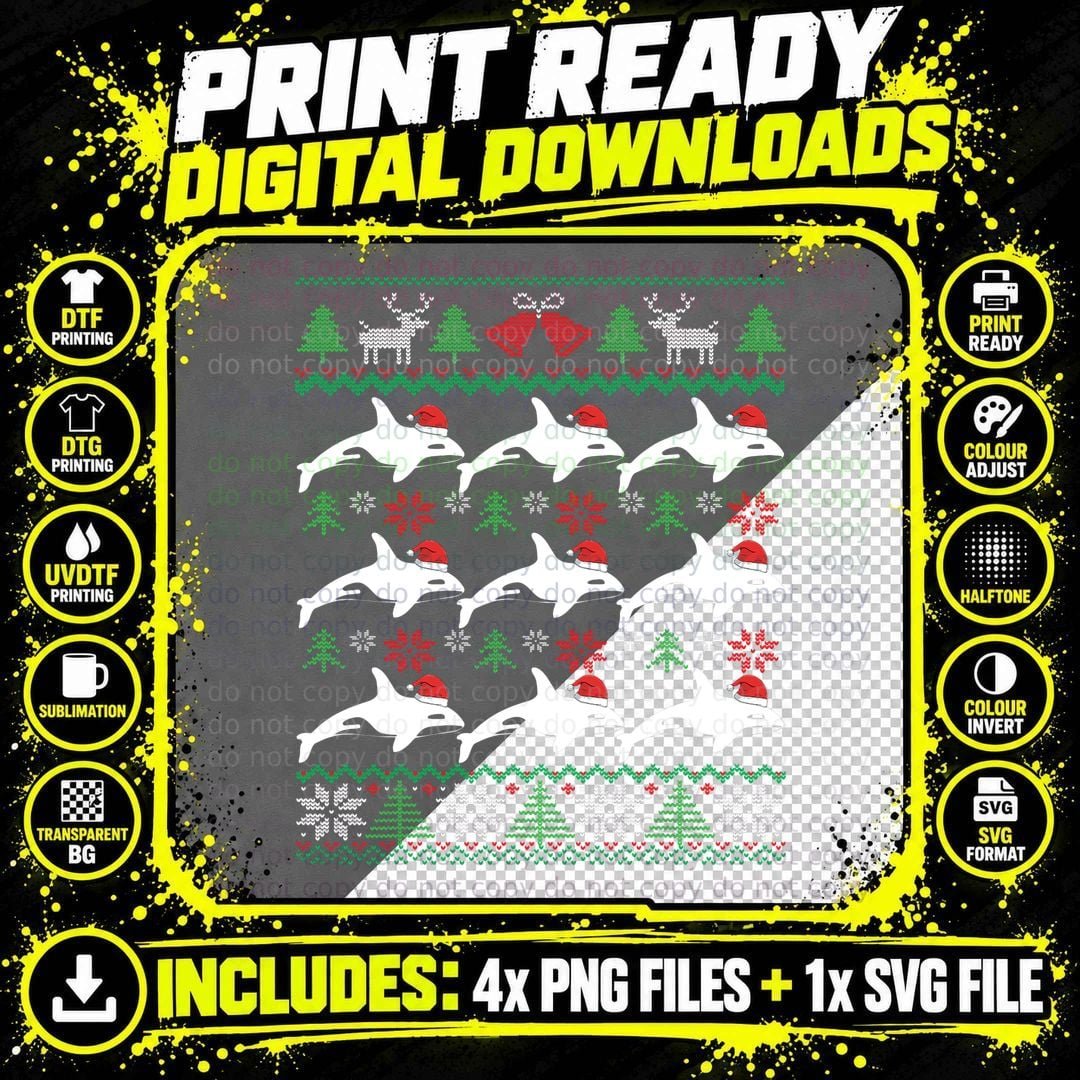 Orca Whale Wearing Santa Hats Ugly Christmas Pajama Png SVG Digital Bundle