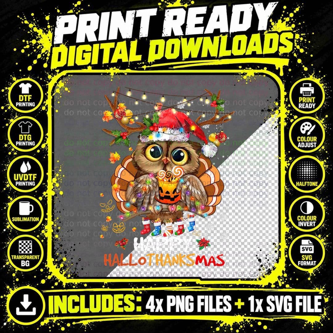 Owl Thankgiving Halloween Christmas Happy Hallothanksmas Png SVG Digital Bundle