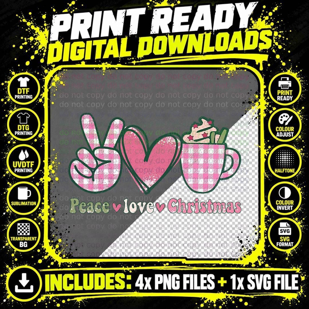 Peace Love Chirstmas Vintage Buffalo Plaid Pink Png SVG Digital Bundle