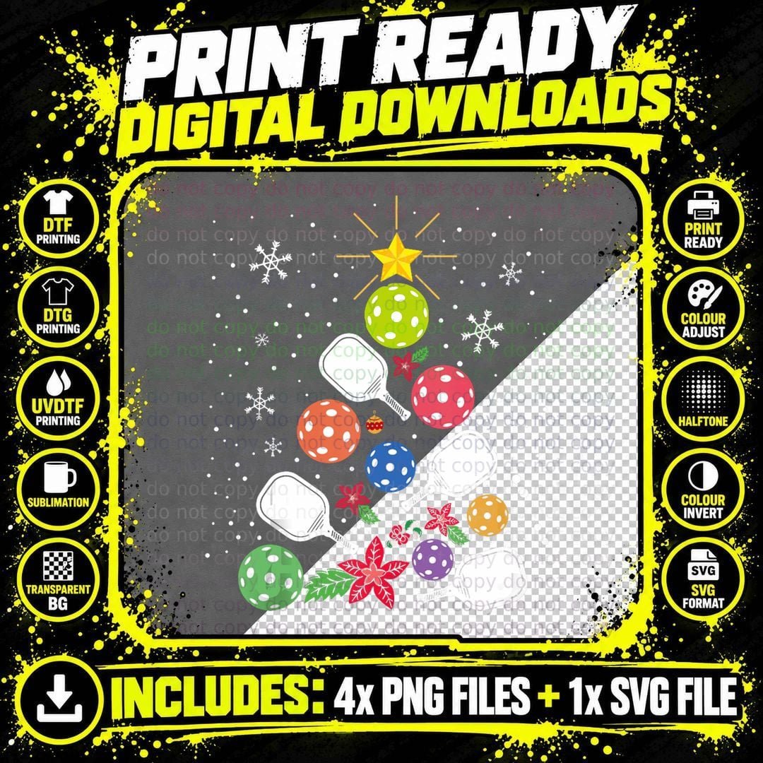 Pickleball Christmas Tree Santa Pickleball X-Mas Lights Png SVG Digital Bundle