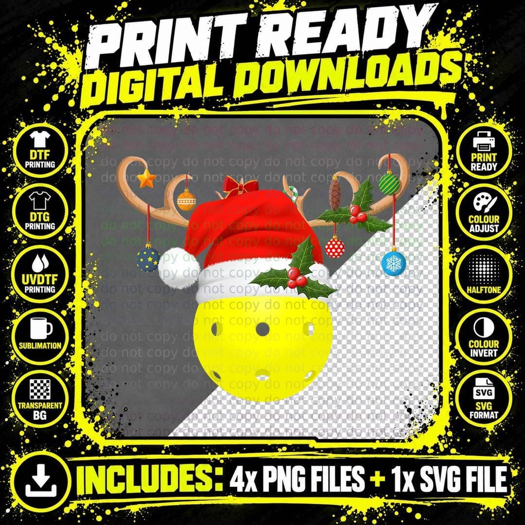 Pickleball Xmas Gift Reindeer Santa Hat Pickleball Png SVG Digital Bundle