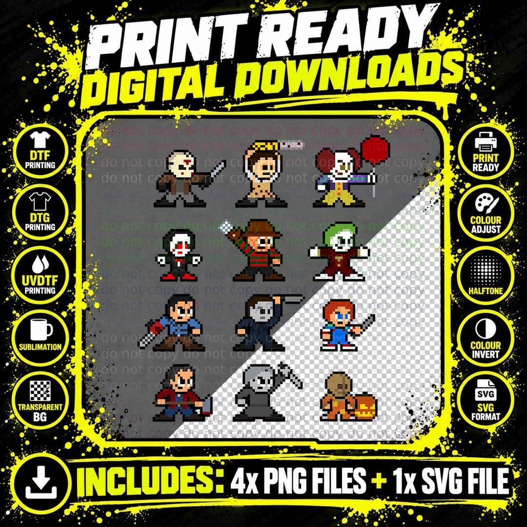Pixel Halloween Scary Horror Christmas Gamer and Movies Png SVG Digital Bundle