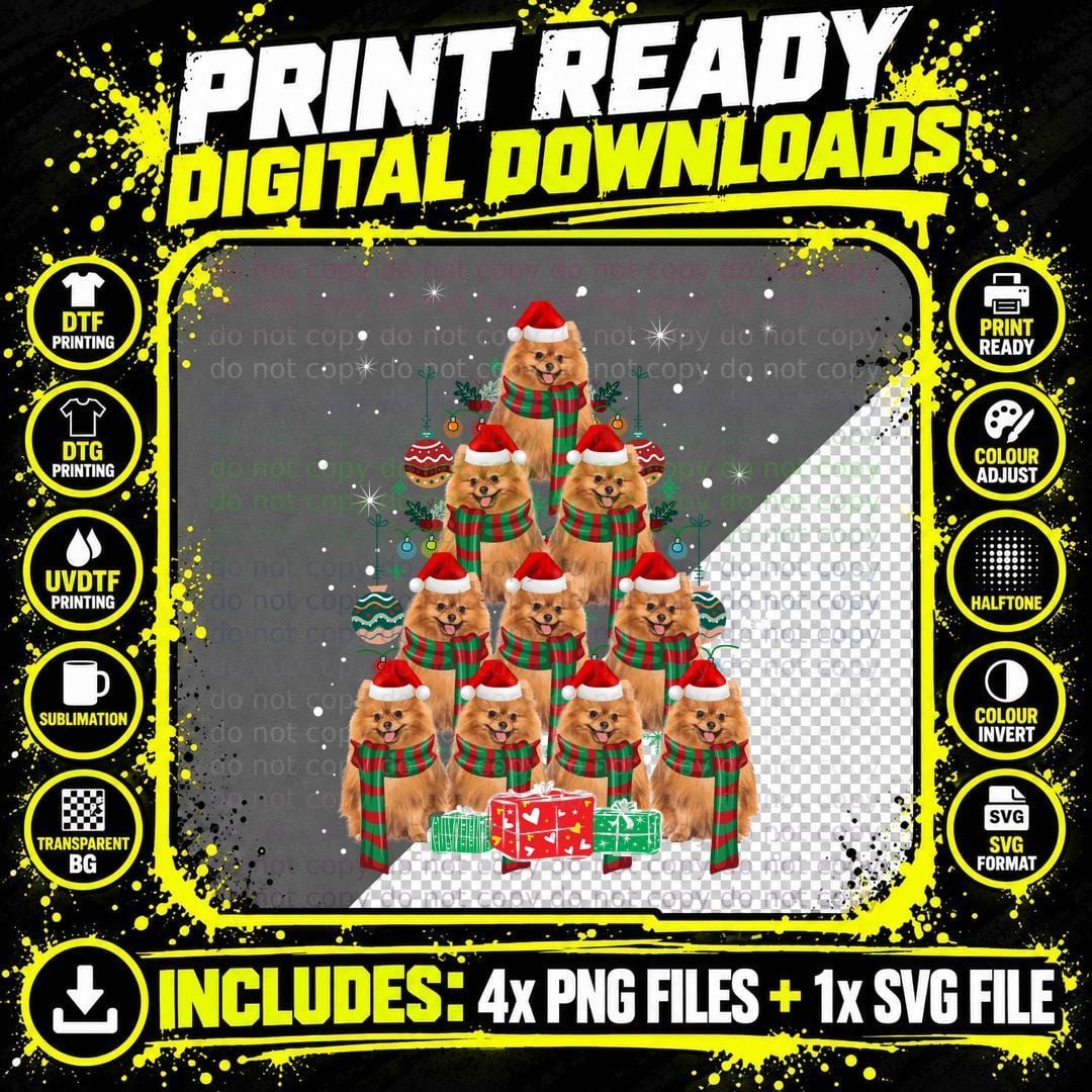 Pomeranian Christmas Tree T-Shirt, Festive Holiday Print Png SVG Digital Bundle