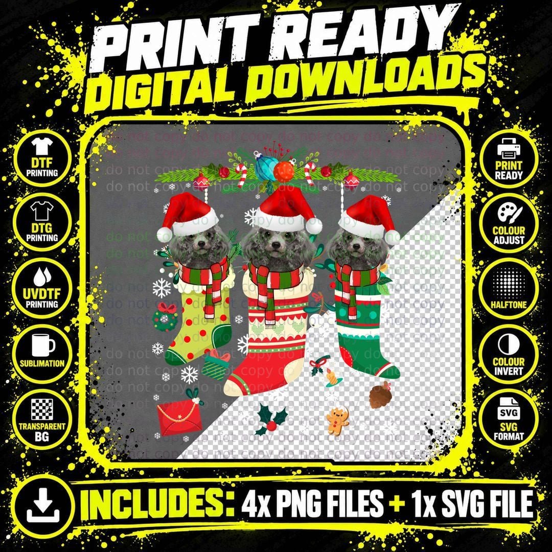 Poodle Christmas Stocking T-Shirt, Festive Holiday Print Png SVG Digital Bundle