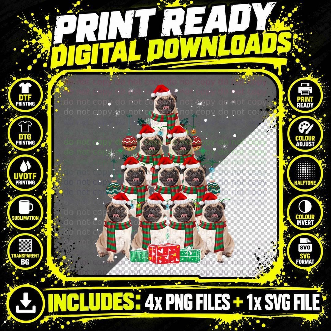 Pug Christmas Tree T-Shirt, Festive Holiday Print Png SVG Digital Bundle