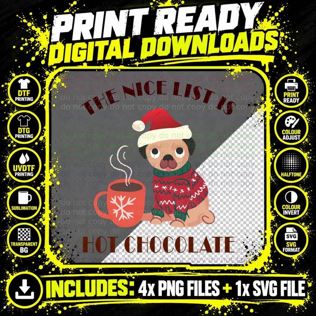 Pug Dog with Hot Chocolate and Cute Ugly Sweater Png SVG Digital Bundle