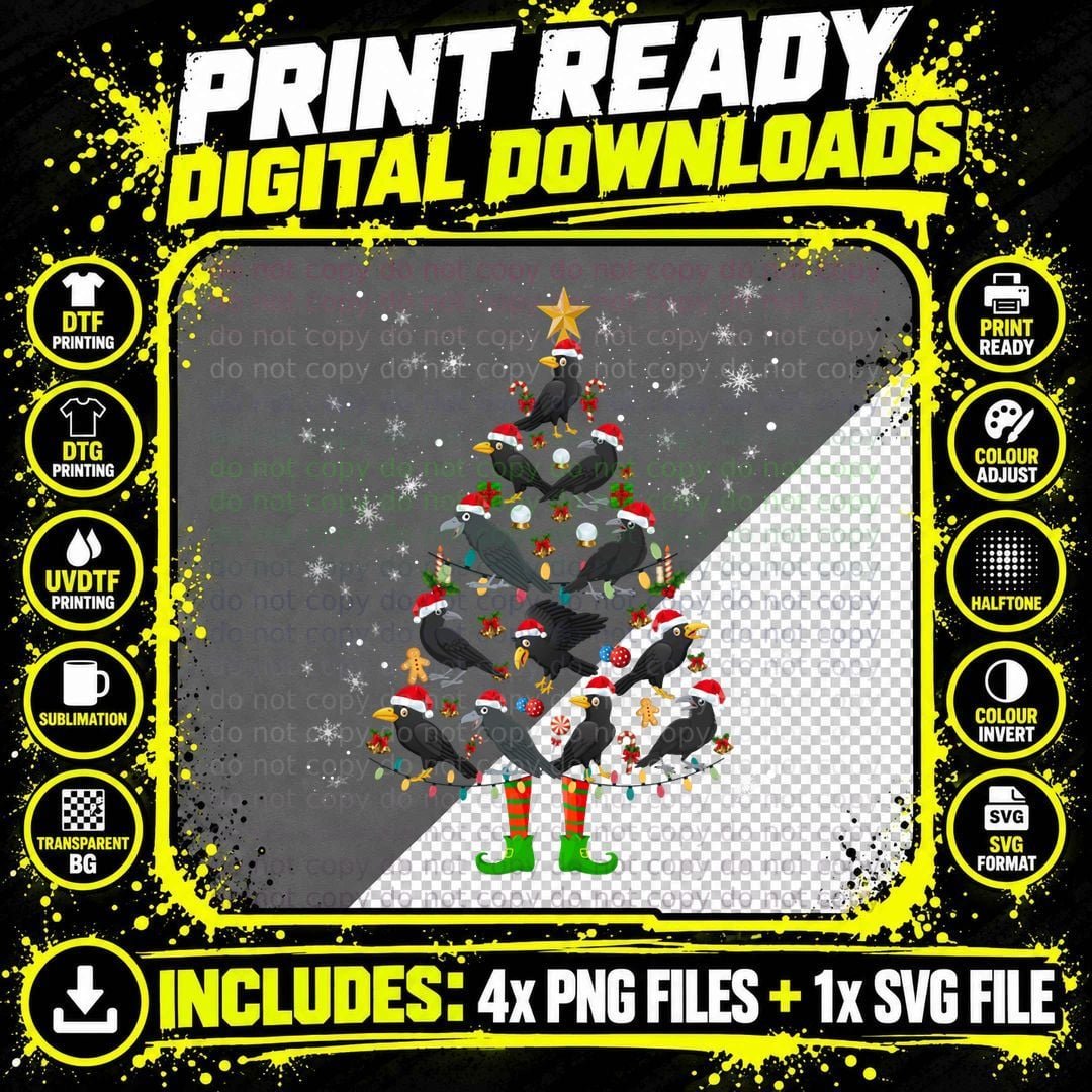 Raven Christmas Tree Santa Hat Ugly Christmas Sweater Png SVG Digital Bundle