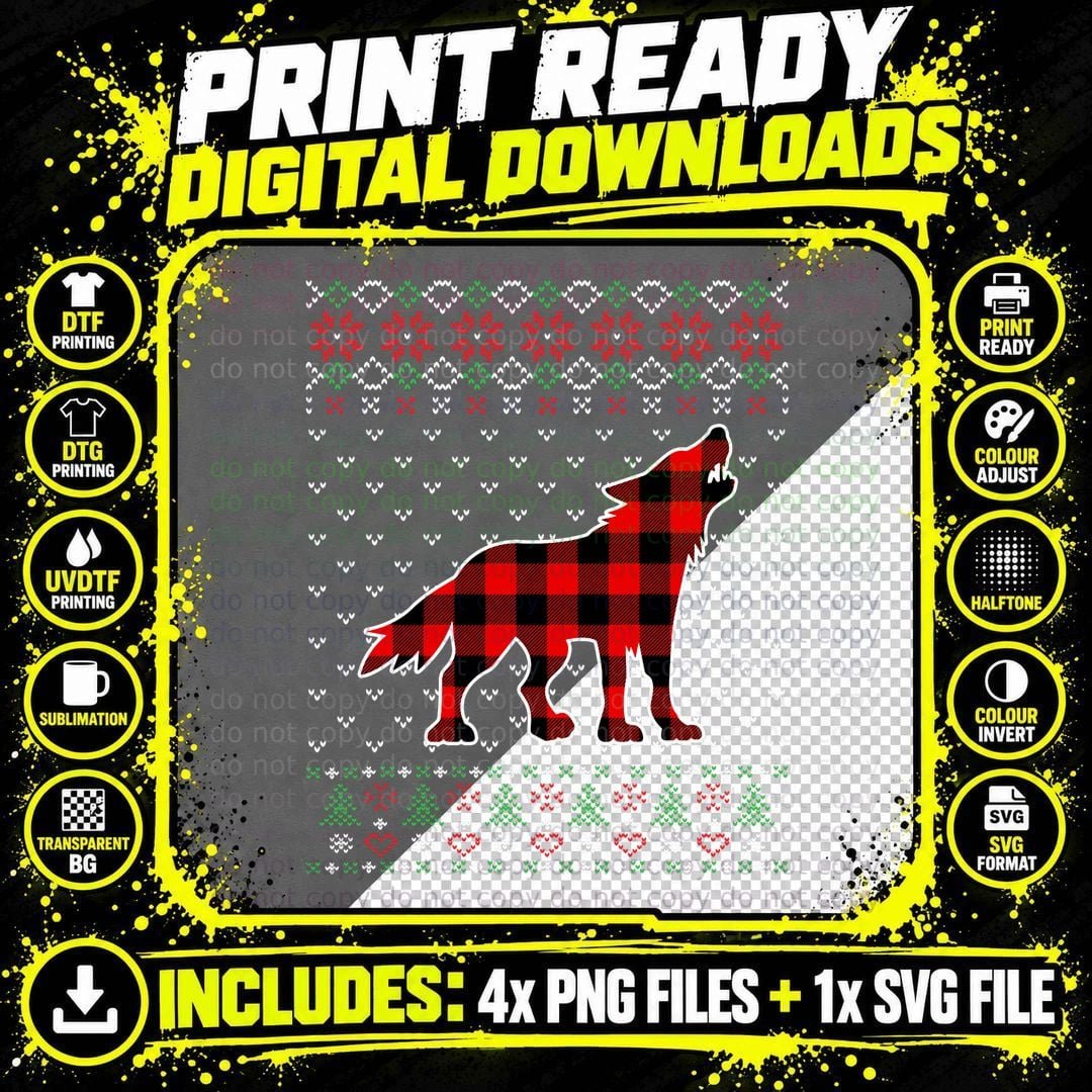 Red Plaid Animals Ugly Sweater Christmas Wolf Lover Png SVG Digital Bundle