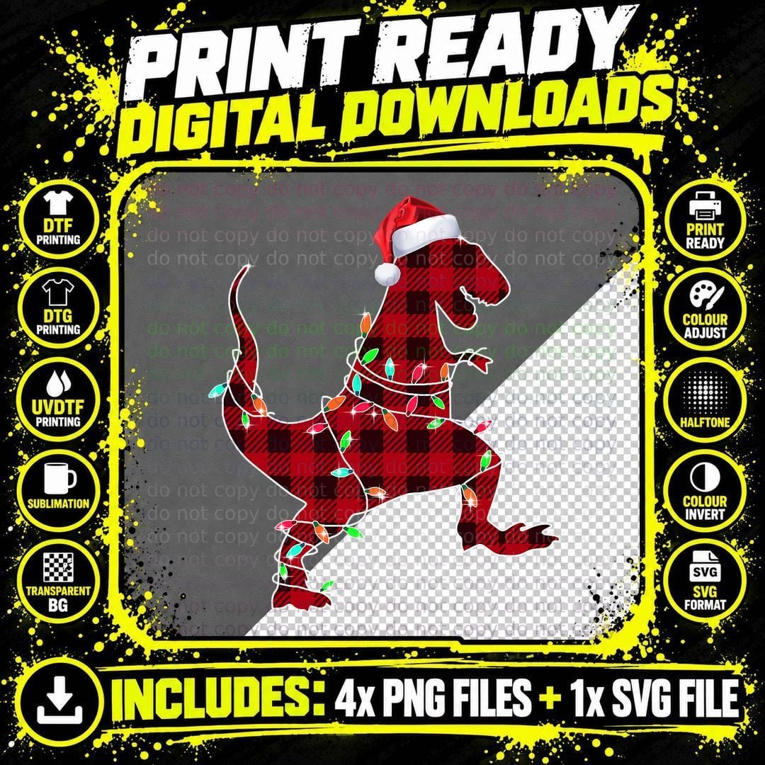 Red Plaid Dinosaur Hat Santa Christmas Lights Buffalo Png SVG Digital Bundle