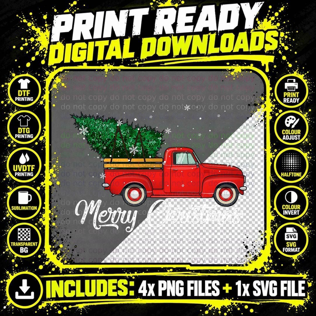 Red Truck Pick up Christmas Tree Vintage Holiday T-Shirt Png SVG Digital Bundle