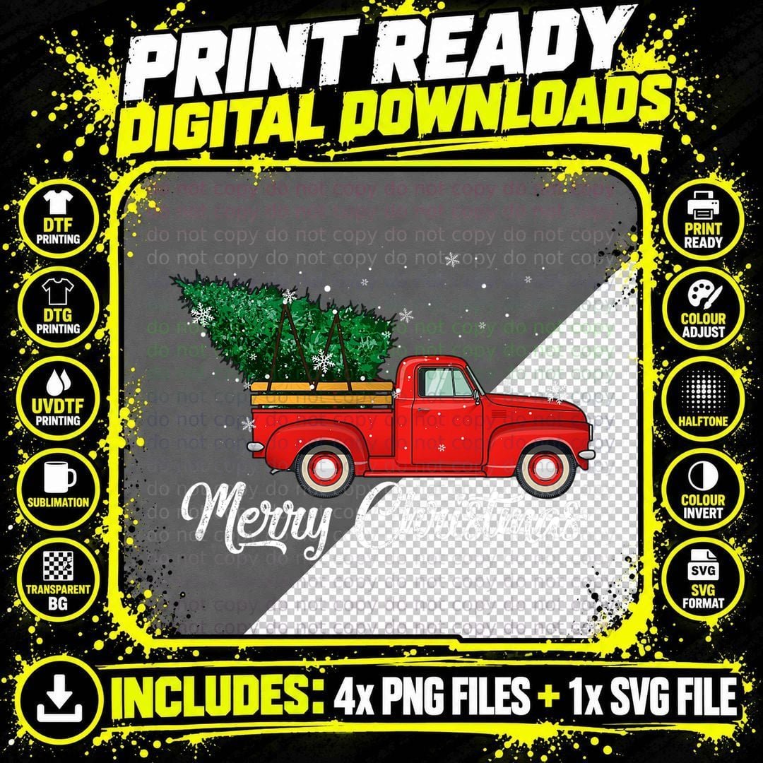 Red Truck Pick up Christmas Tree Vintage Retro T-Shirt Png SVG Digital Bundle