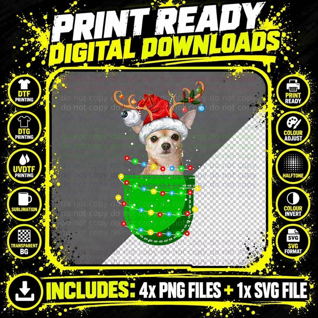 Reindeer Santa Chihuahua in Pocket Christmas Light Dog Png SVG Digital Bundle