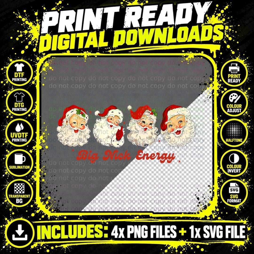 Retro Funny Xmas Santa Big Nick Energy Vintage Christmas Png SVG Digital Bundle