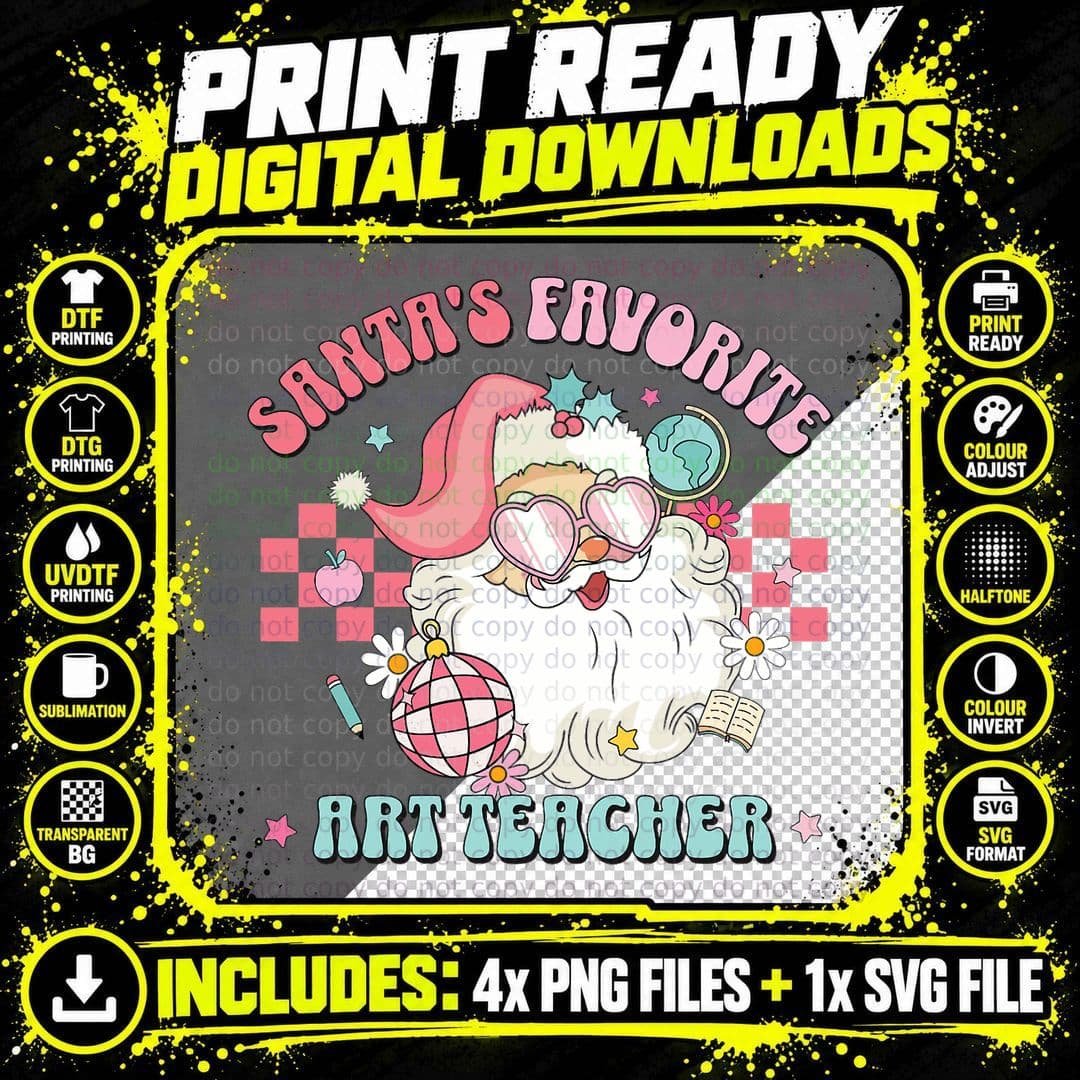 Retro Pink Christmas Santa's Favorite Art Teacher Artist Png SVG Digital Bundle