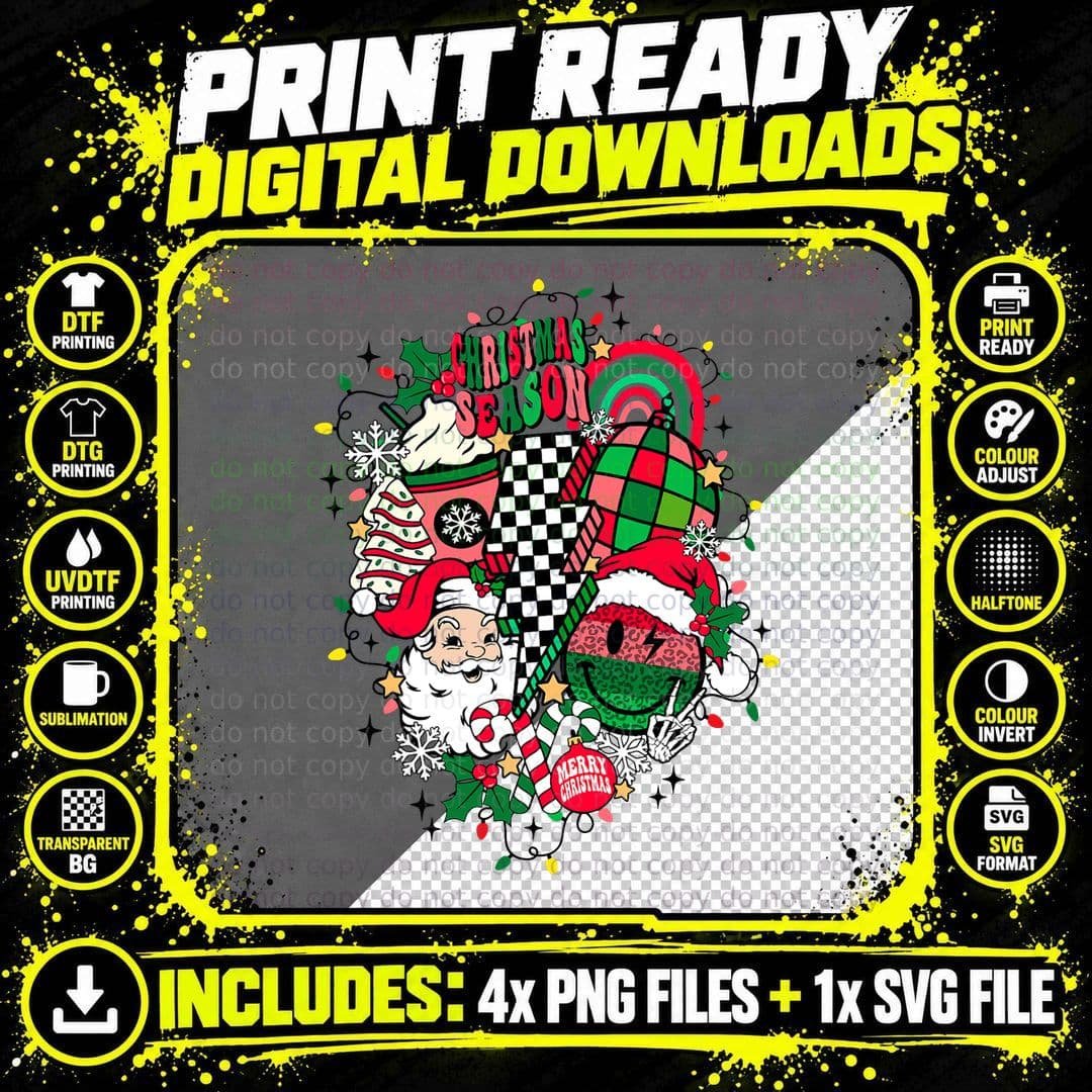 Retro Vintage Groovy Merry Christmas with Santa Claus Png SVG Digital Bundle