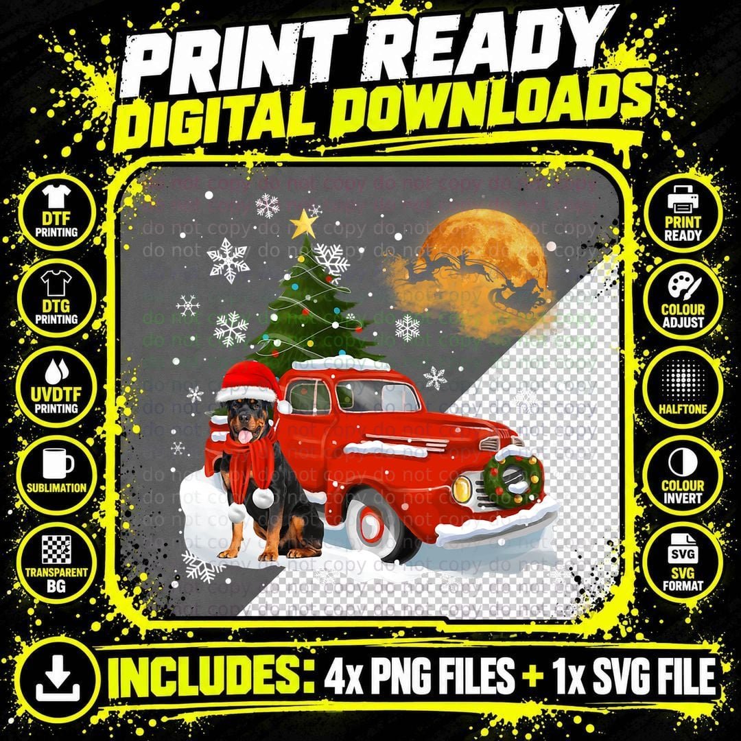 Rottweiler Vintage Wagon Red Truck Christmas Tree Png SVG Digital Bundle