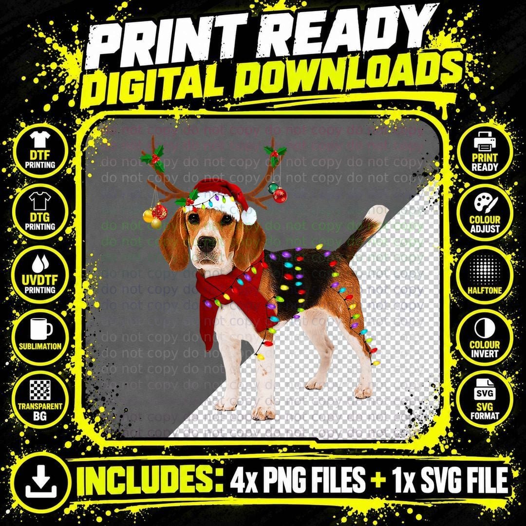 Santa Beagle Reindeer Light Christmas T-Shirt Png SVG Digital Bundle
