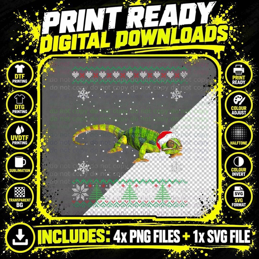 Santa Chameleon Ugly Sweater Animals Christmas Pajama Png SVG Digital Bundle