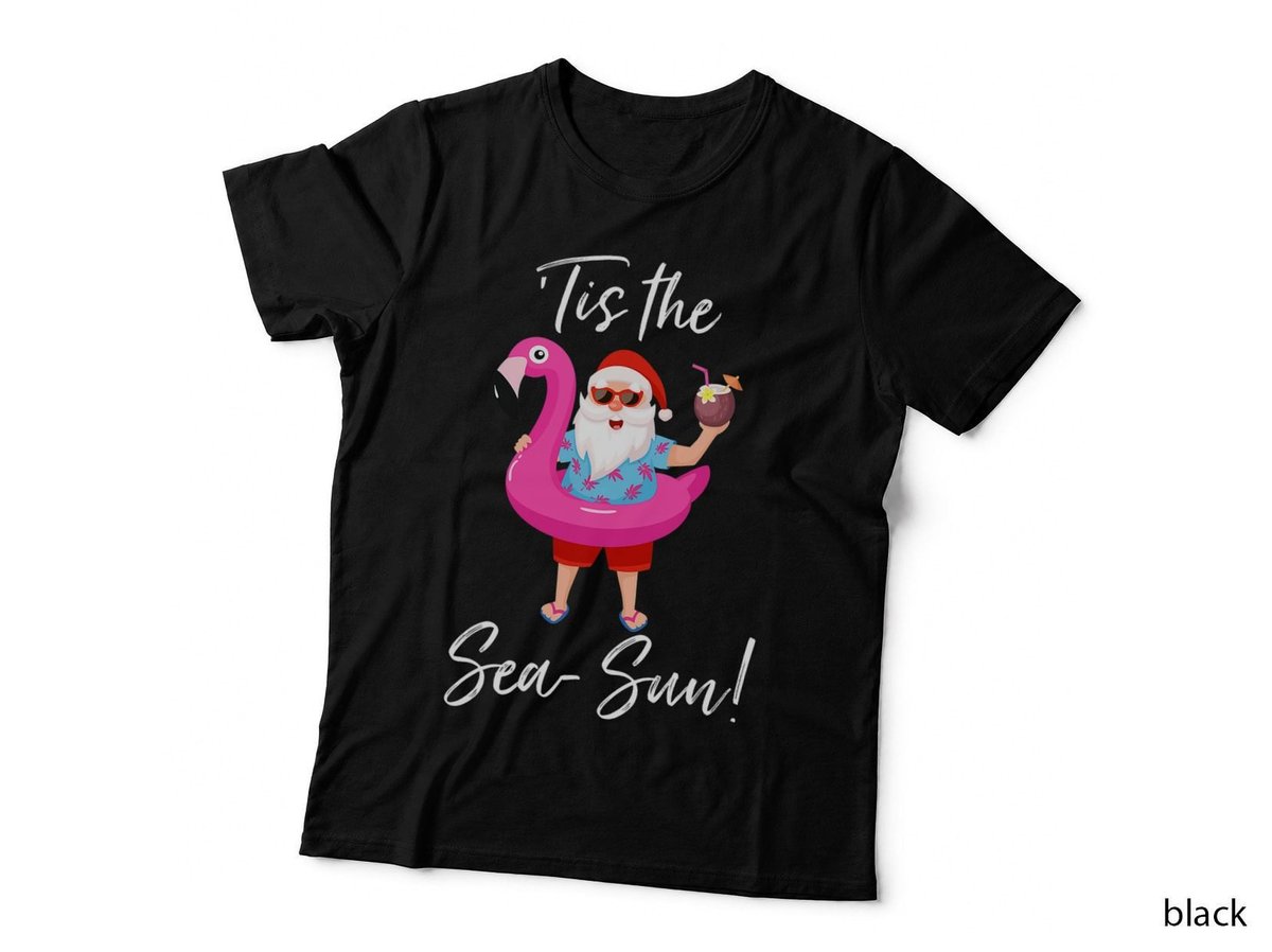 Santa Claus Flamingo Float Tis the Sea-Sun Christmas in July T-Shirt
