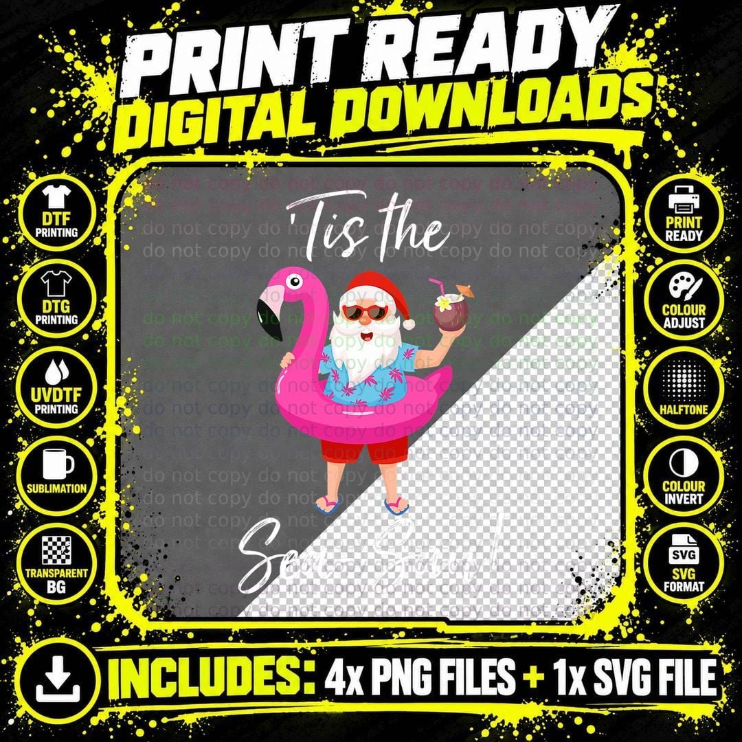 Santa Claus Flamingo Float Tis the Sea-Sun Christmas in Png SVG Digital Bundle