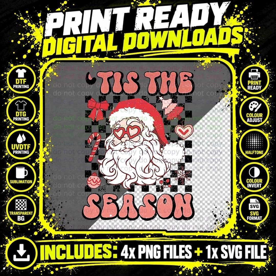 Santa Claus Tis the Season Groovy Floral Hippie Png SVG Digital Bundle