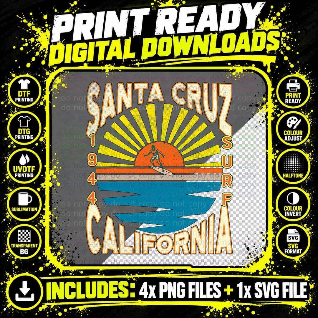 Santa Cruz Calinia Surfing Skateboarding T-Shirt Png SVG Digital Bundle