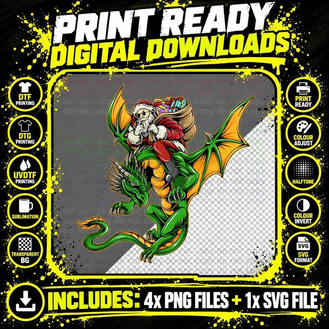 Santa Riding Dragon Christmas Boys Men Xmas Squad T-Shirt Png SVG Digital Bundle