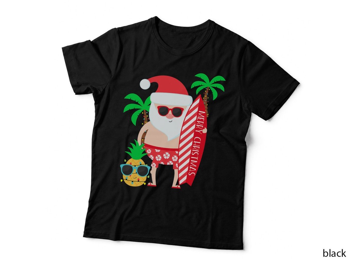 Santa Surfing Hawaiian Beach Christmas in July Tropical T-Shirt