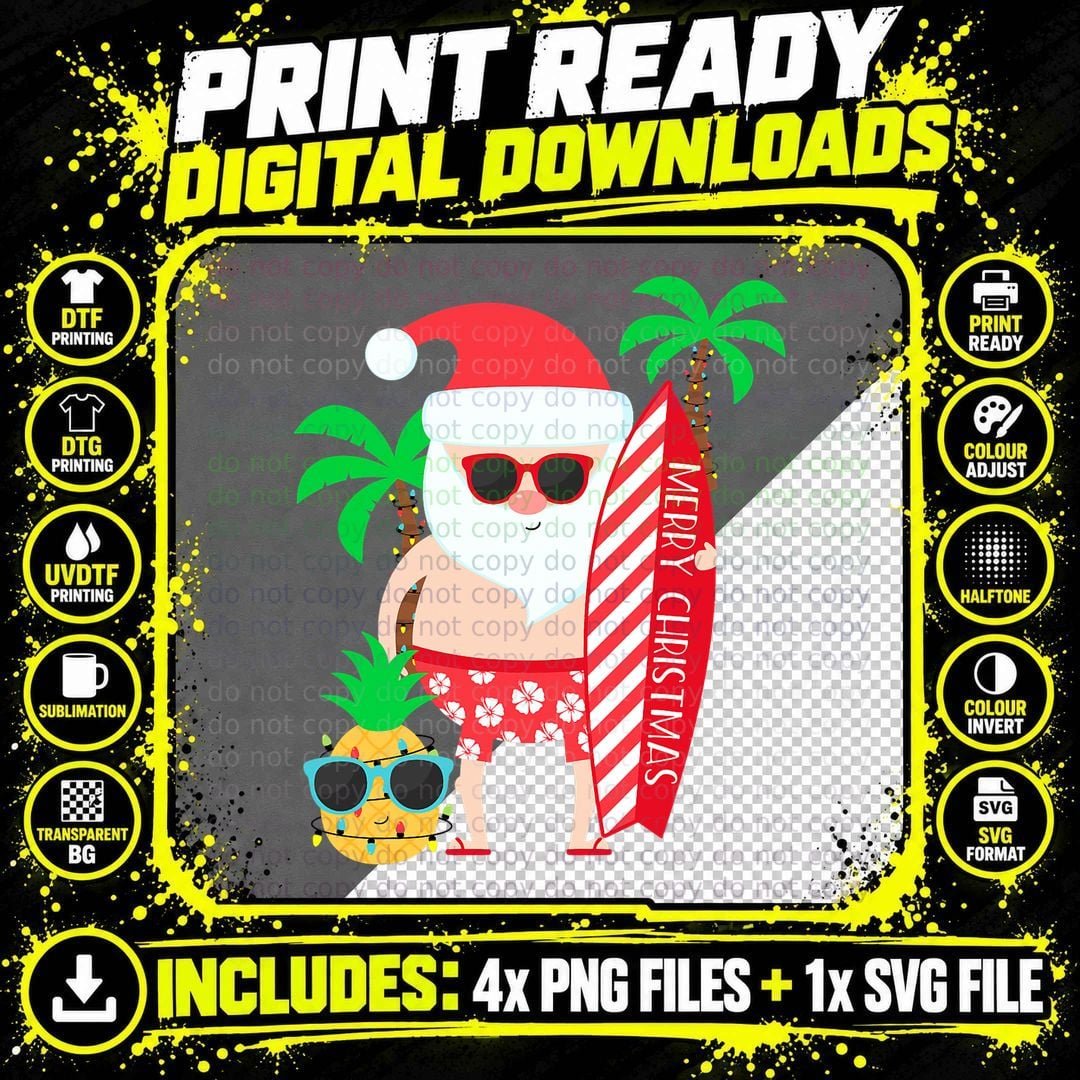 Santa Surfing Hawaiian Beach Christmas in July Tropical Png SVG Digital Bundle