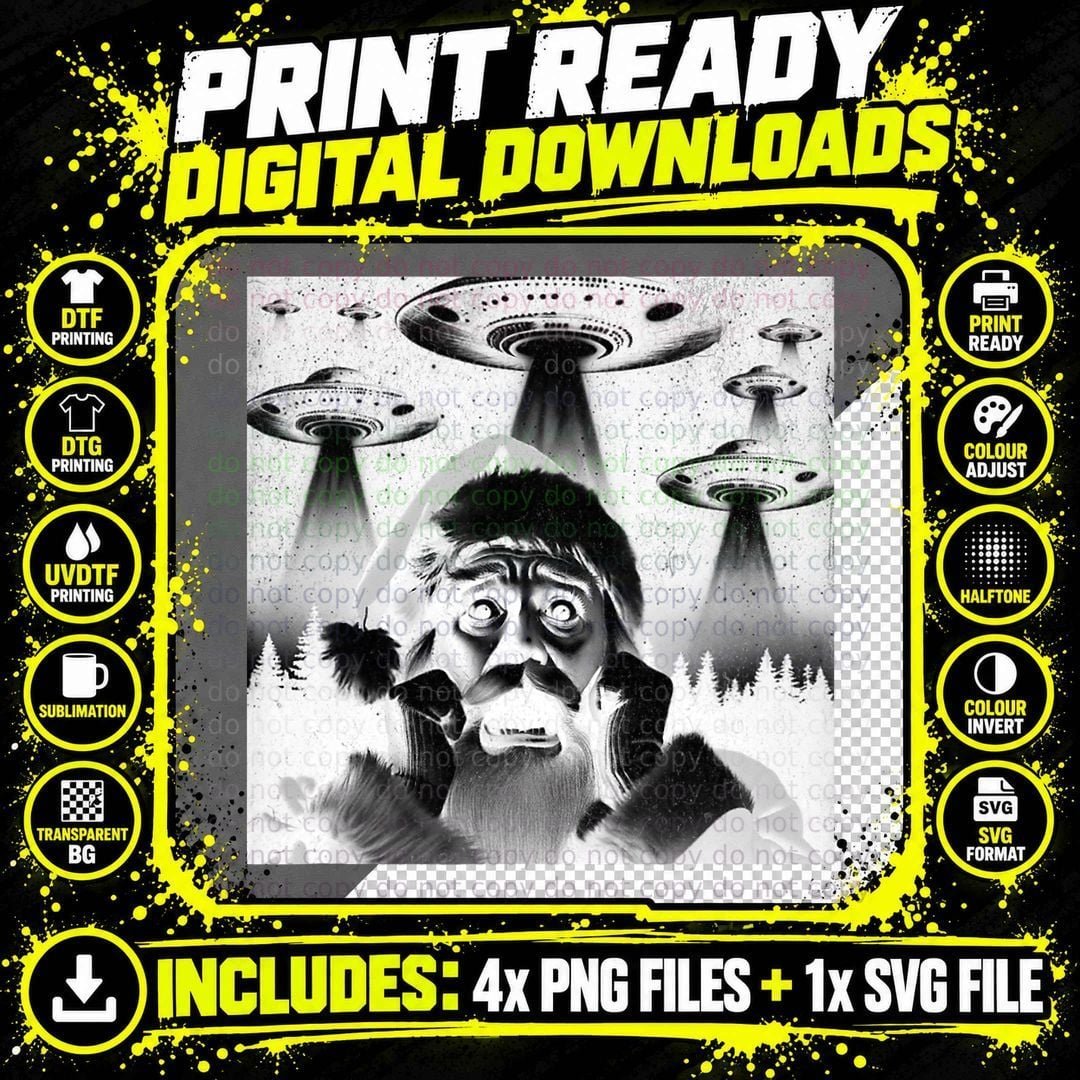 Santa UFO Funny Invasion Meme Retro Alien Santa UFO Png SVG Digital Bundle