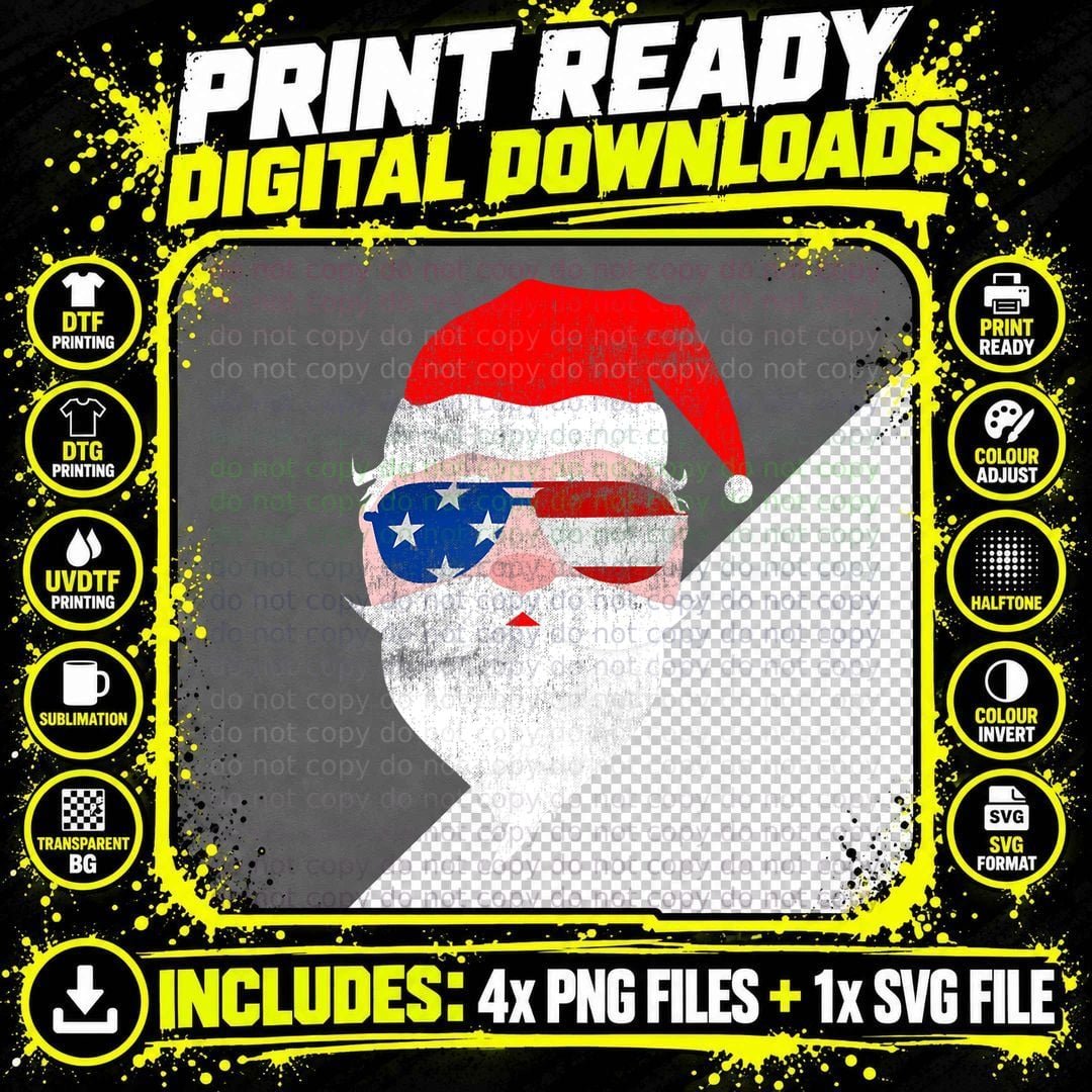Santa Wearing US Flag Sunglasses - Vintage Christmas Art Png SVG Digital Bundle