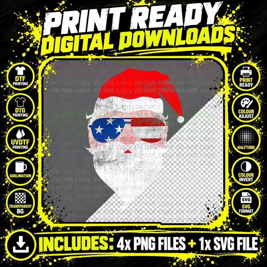 Santa Wearing US Flag Sunglasses - Vintage Christmas Art Png SVG Digital Bundle
