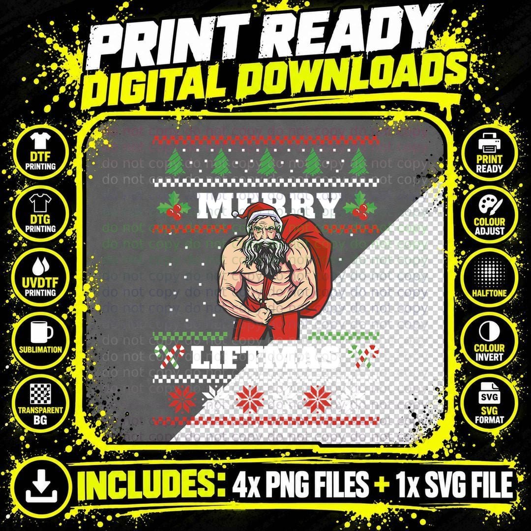 Santa Weightlifting Christmas Fitness Gym Xmas Men Png SVG Digital Bundle