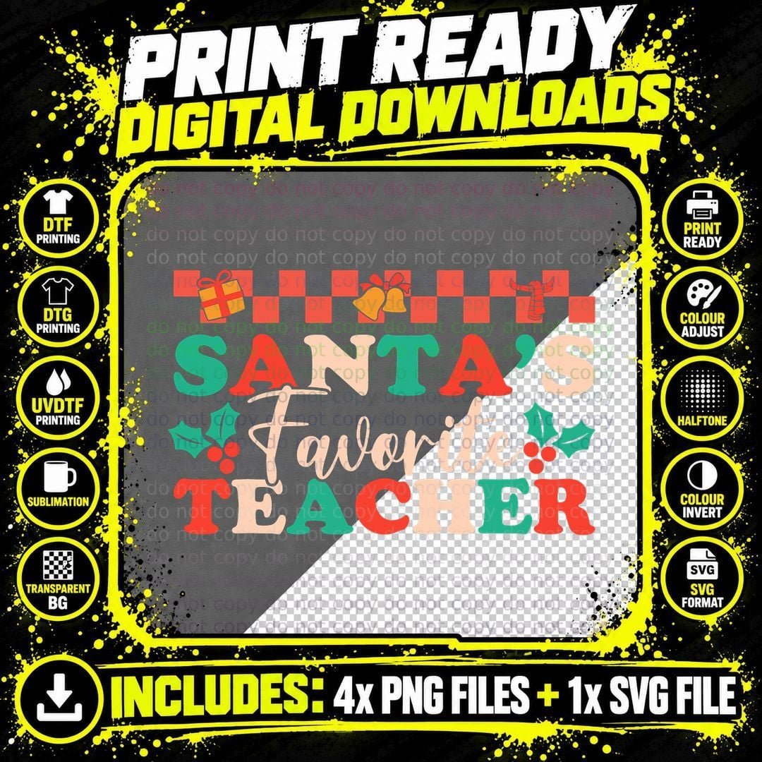 Santas One Favorite Teacher Christmas Retro Vintage Png SVG Digital Bundle
