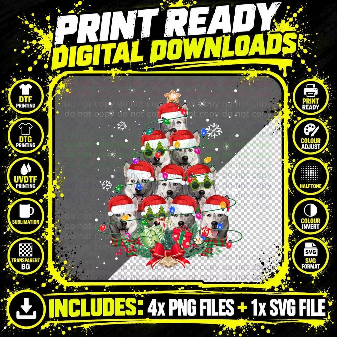 Siberian Husky Christmas Tree T-Shirt Png SVG Digital Bundle