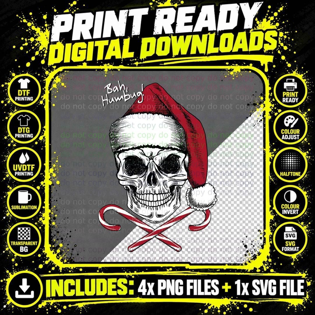 Skull Bah Humbug Christmas Funny Santa T Shirt Png SVG Digital Bundle