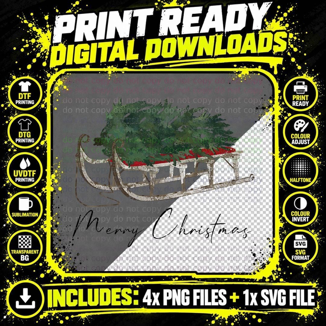 Sleigh Christmas Tree Xmas Vintage Christmas T-Shirt Png SVG Digital Bundle
