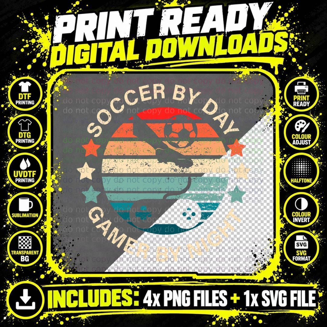 Soccer by Day Gamer by Night Gamer Vintage Retro Png SVG Digital Bundle