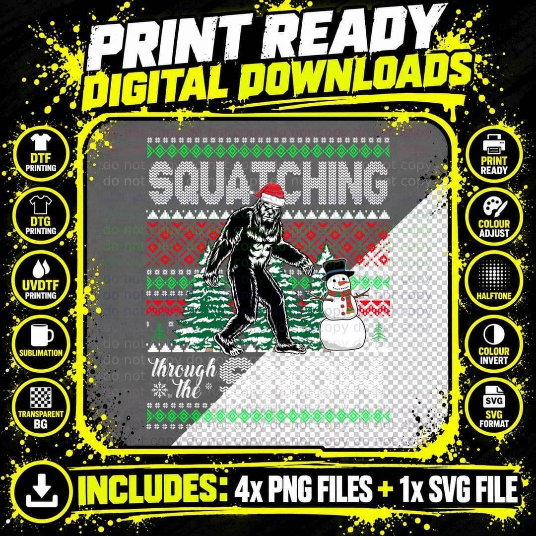 Squatching Through the Snow Bigfoot Ugly Sweater Png SVG Digital Bundle