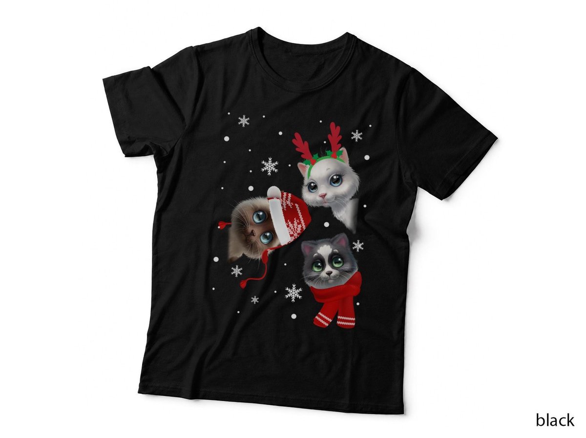 Three Cats Christmas T-Shirt, Festive Holiday Print, Pet Lover Apparel