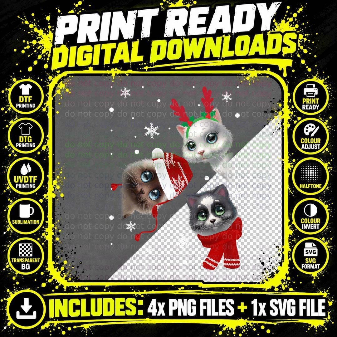 Three Cats Christmas T-Shirt, Festive Holiday Print Png SVG Digital Bundle
