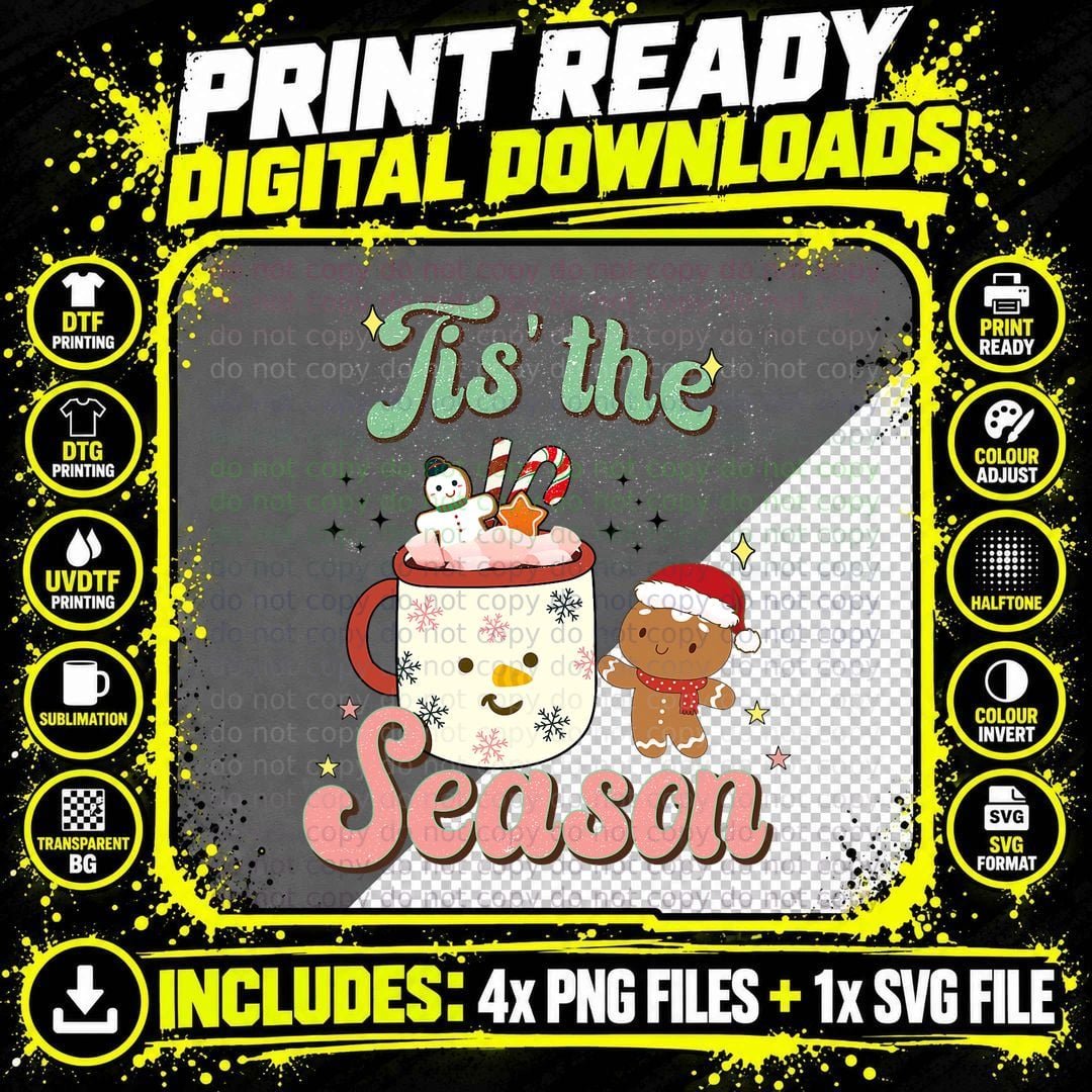 Tis the Season Christmas Hot Cocoa Gingerbread Cookie Png SVG Digital Bundle