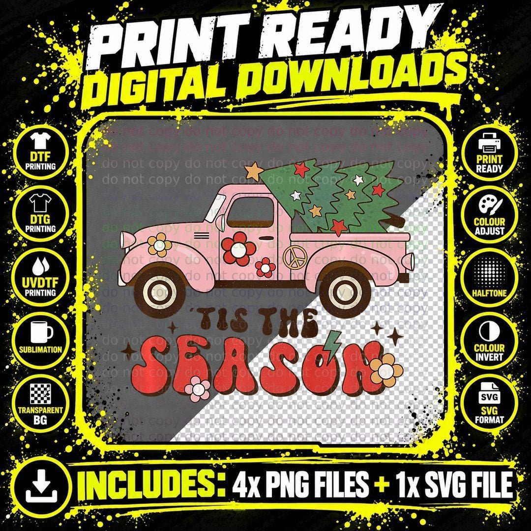 Tis the Season Pink Xmas Truck Retro Vintage Christmas Png SVG Digital Bundle