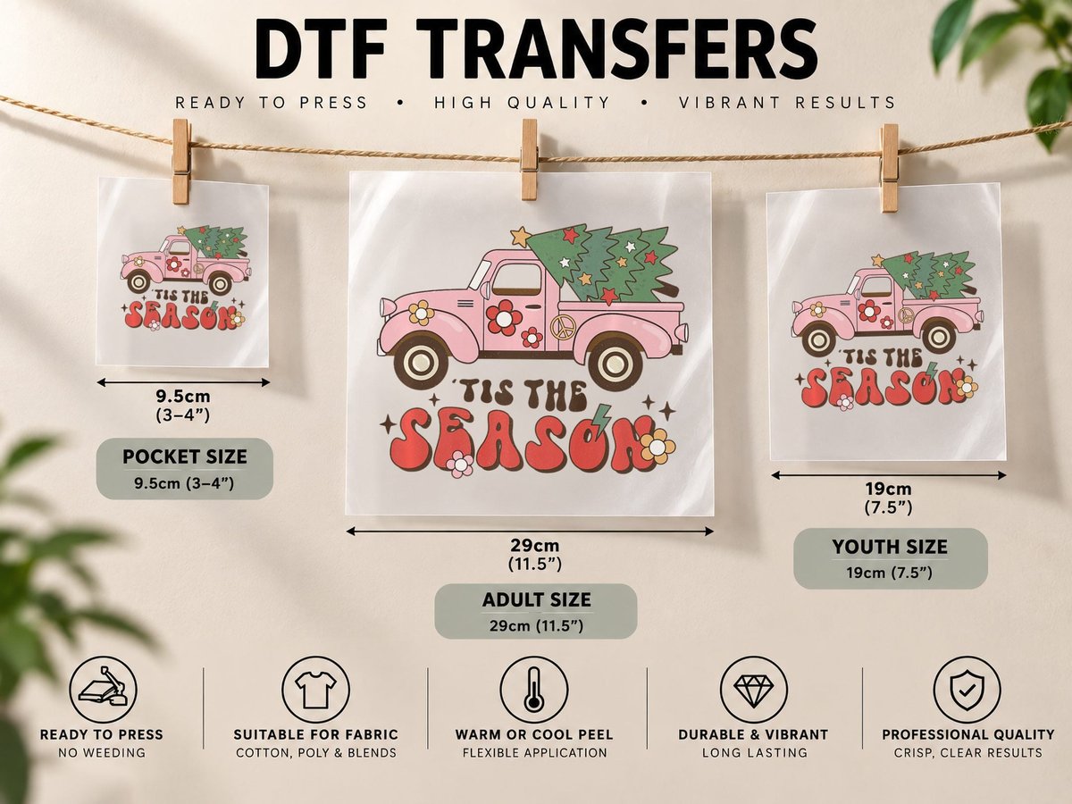 Tis the Season Pink Xmas Truck Retro Vintage Christmas DTF Transfer Iron On