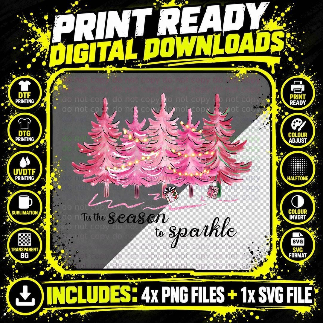 Tis the Season to Sparkle Vintage Pink Christmas Tree Png SVG Digital Bundle